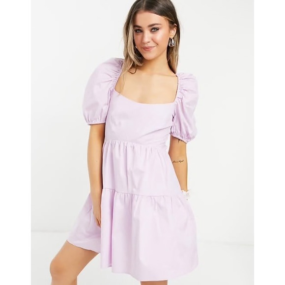 Bardot Dresses & Skirts - BARDOT Lavender Puff‎ Sleeve Tiered Mini Dress Open Back Wedding Guest Size 6 SM